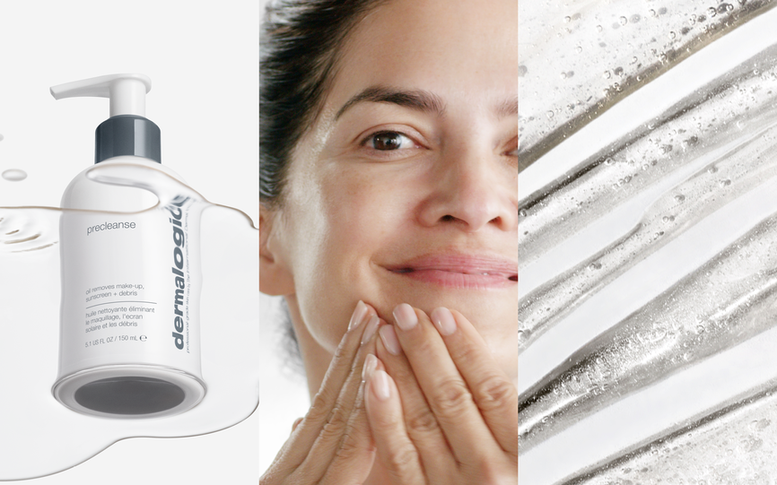 Bildecollage som vise ren kvinne som renser huden i ansiktet, kombinert med produktflaske og produktet smurt ut på hvit bakgrunn.